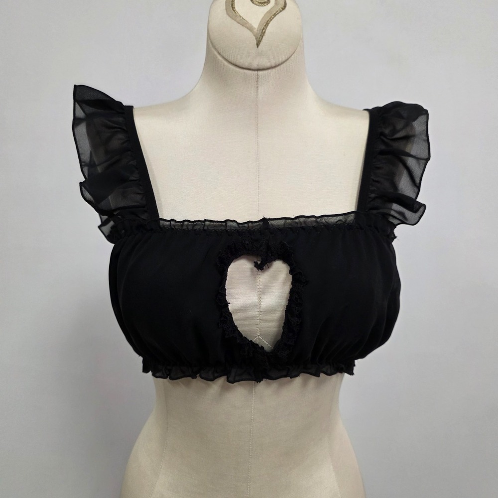 Romwe Womens Dark Coquette Milkmaid Crop Top Size‎ XS Black Heart Cutout Fairy